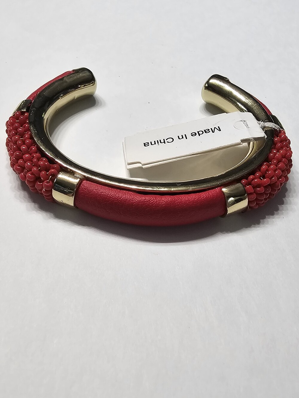 NWT Chunky Gold Red Leather & Beaded Statement Cuff Bracelet